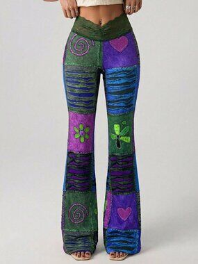 Multicolor Casual Women's Lace Patchwork Flare Leg Pants